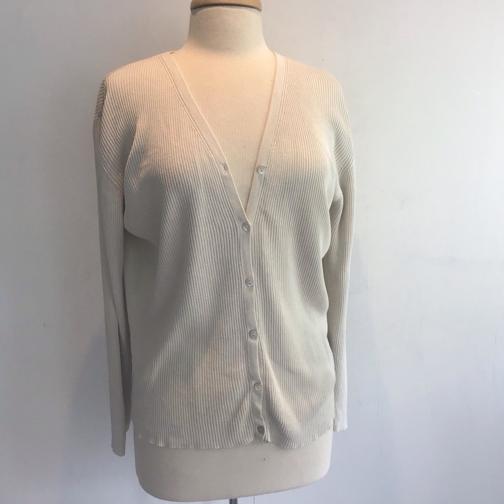 Silk blend 90s Y2K Coldwater Creek ribbed knit v neck cardigan. Beige XL